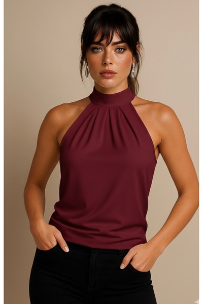 Be Best Women's Burgundy Halter Neck Blouse Be252