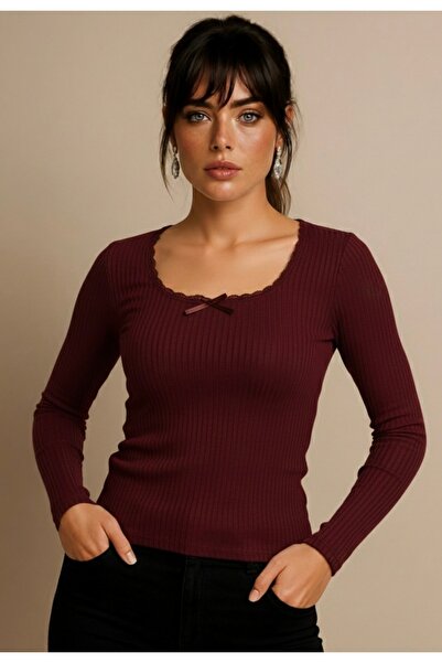 Be Best بلوزة نسائية ذات ياقة دانتيل باللون العنابي BE175