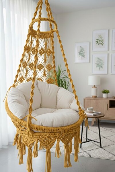 WOODSHUT Tek Kişilik Makrome El Örgüsü Salıncak MİS38001 Sarı (Sadece Salıncak)