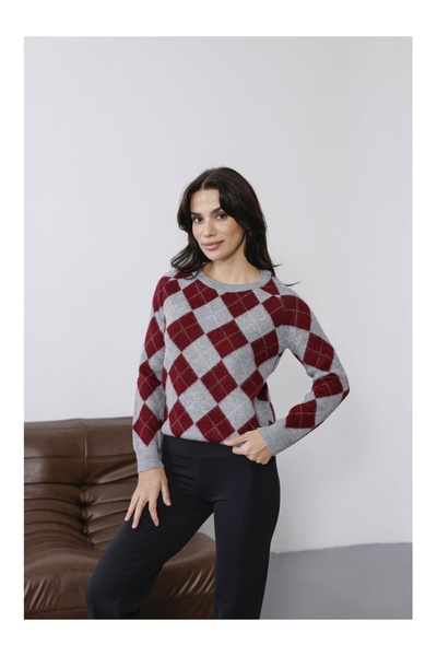 Elif Özbey Butik Bordo Baklava Desen Yumuşak Kazak