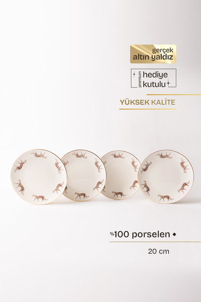 TUSE LIVING Wild Walk Gerçek Altın Yaldızlı Kaplanlı 4' lü Porselen Pasta Tab...