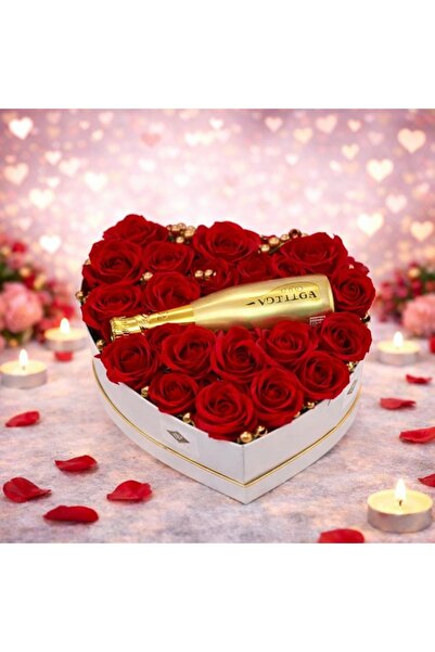 velve Aranjament floral Gold Red, cutie inima cu trandafiri de sapun si Prose...