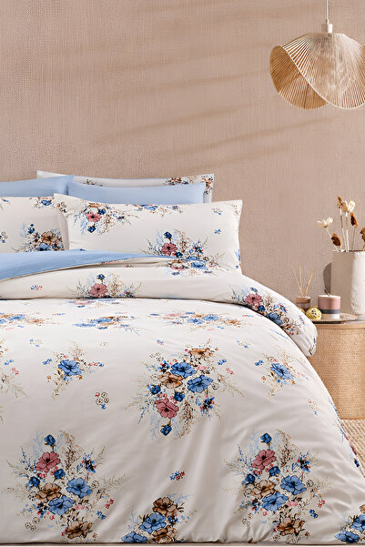 İQON طقم غطاء لحاف مع ملاءة مطاطية لسرير فردي، لون أزرق باقة الزهور