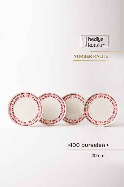 TUSE LIVING Happiness Yazılı 4' lü Porselen Pasta Tabağı 21 cm - Kırmızı Kırmızı