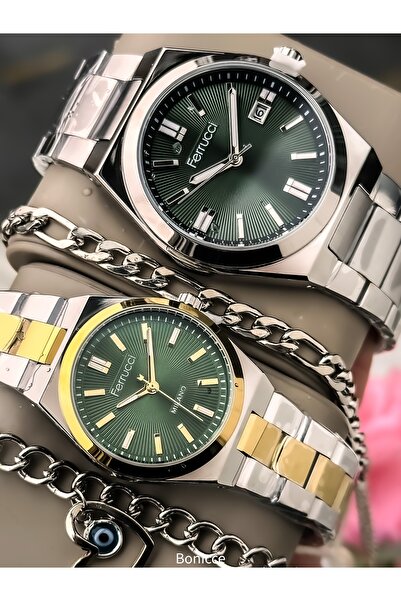 Ferrucci Marka Çelik Kordon Gümüş Sarı Renk Sevgili Kol Saati + Tesbih Bilekl...