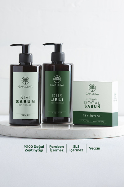 Gaia Oliva 3'lü Doğal Bakım Seti - Yeşil Çaylı ve Zeytinyağlı Sıvı Sabun ve D...