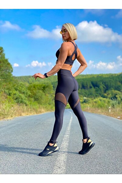 lismina Siyah Tül Detaylı Ekstra Yüksek Bel Spor Tayt