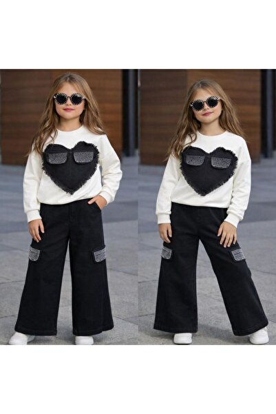 KOKOŞ BEBEK Πέτρινο Λεπτομερές Σετ Τζιν για Κορίτσια Oversize με Καρδιές |   ...