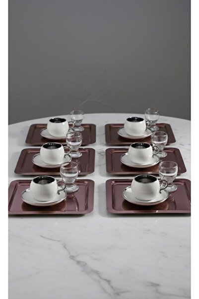 SİNİ Paslanmaz Çelik 6 Adet Kare Lüx Bakır Kahve, Çay Sunum Servis Tepsisi