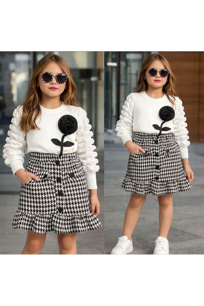 KOKOŞ BEBEK Kazayağı Kol Detaylı Kız Çocuk Etekli Takım - 3/7 Yaş - 31608