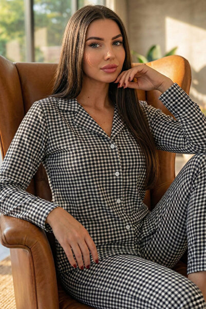 Pijamaevi Black and White Plaid Printed Front Button Long Sleeve Velvet Pajam...