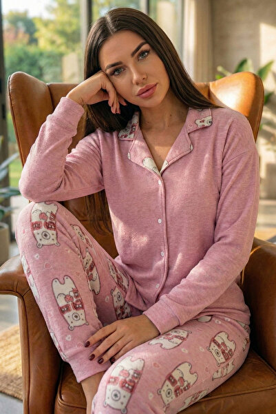 Pijamaevi Σετ γυναικεία πιτζάμα με μακρυμάνικο θερμικό μοτίβο με ροζ αρκουδάκι