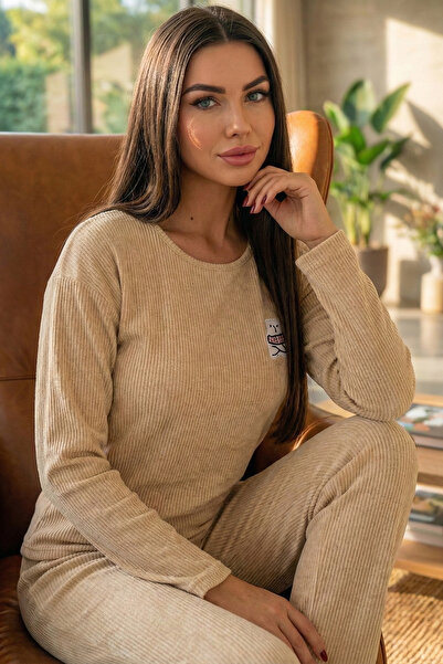 Pijamaevi Σετ γυναικεία πιτζάμα με μακρυμάνικο πλεκτό σχέδιο βανίλιας