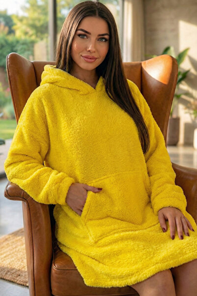 Pijamaevi Sarı Kapşonlu Tam Peluş Oversize Sweat Panço Pijama