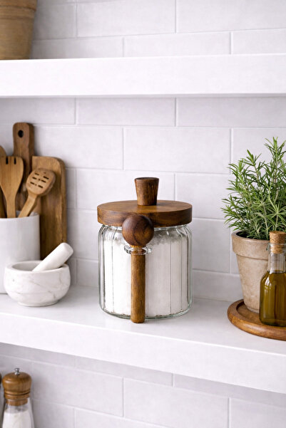 Paşabahçe 1 Adet Kaşıklı Vakumlu Cam Kavanoz - Akasya Kapaklı Premium Saklama...