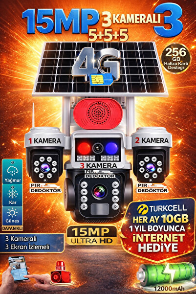 TRCharger 3 Kameralı Panelli 15MP Güvenlik Kamerası | Kırmızı & Mavi LED| Her...