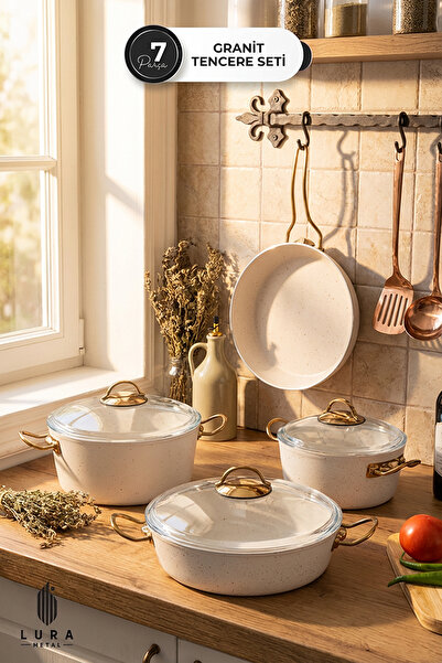 Homekolik 7 Piece Ewx Metal Handle White Granite Pot Set – 26 cm (Filling Wra...