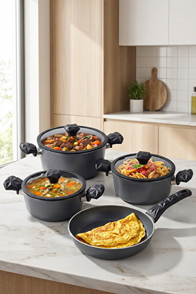 Homekolik 7 Piece Gray Titanium Cookware Set |   20-24 cm Deep, 24 cm Flat, 2...