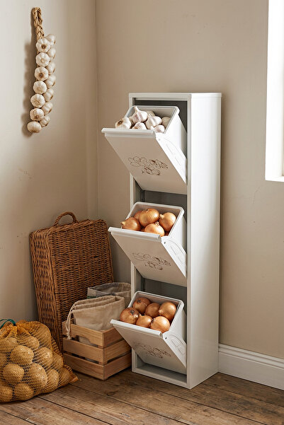 Homekolik Leyl 3 Katlı 3 Bölmeli Beyaz Baskılı Metal Sebzelik – 143 x 26 x 34...