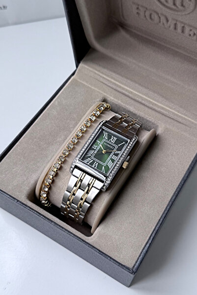 Homies ساعة يد نسائية باللون الذهبي والفضي مع قرص أخضر مع علبة وسوار هدية