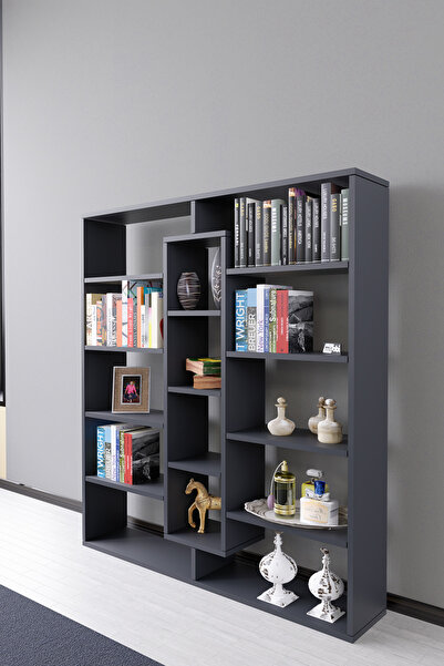 Mirobi Kiola 14 Bölmeli Dekoratif Açık Tasarım Kitaplık Modern Kitaplık Antrasit