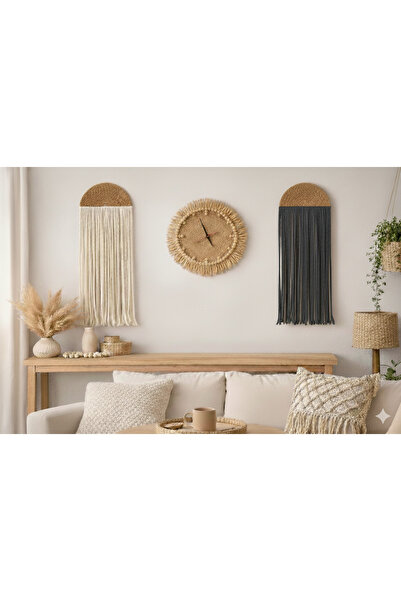 AYBÜK PABUÇ MAKROME DUVAR SÜSÜ VE BOHEM TARZ HASIR DUVAR SAATİ 3 LÜ SET