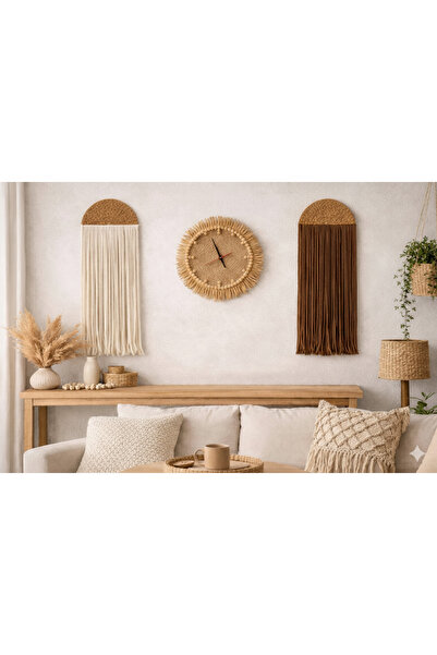 AYBÜK PABUÇ MAKROME DUVAR SÜSÜ VE BOHEM TARZ HASIR DUVAR SAATİ 3 LÜ SET