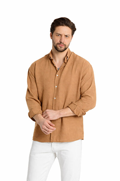 Richarlison Erkek Acı Kahve Keten Dokulu Uzun Kollu Oversize Gömlek