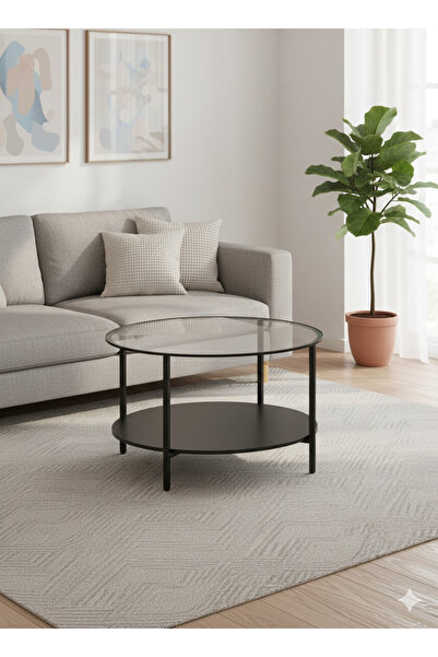 Generic طاولة قهوة زجاجية ذات مستويين، وطاولة مركزية مستديرة كبيرة مع رف تخزي...