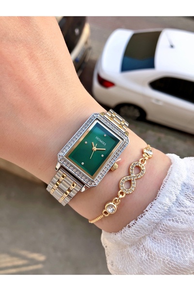 Homies ساعة يد مستطيلة مرصعة بالأحجار مع هدية