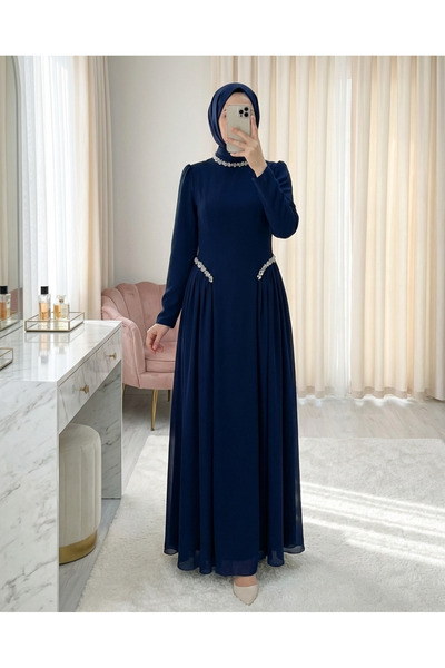 Modamorfo Lined Crepe Dress with Stone Collar and Waist, Tulle Detail on the ...