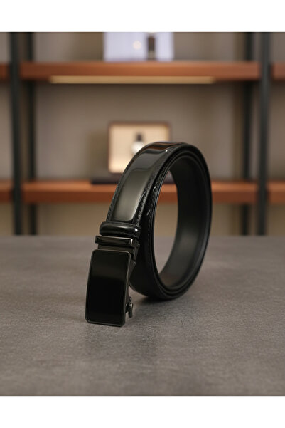 KASVA DERİ حزام جلد أسود لامع مقاس 3.5 سم أوتوماتيكي