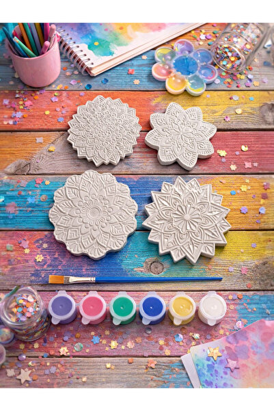 Atölye yüksel Mandala Taş Boyama Seti = 4 Taş + 6 renk Boya + 1 Fırça