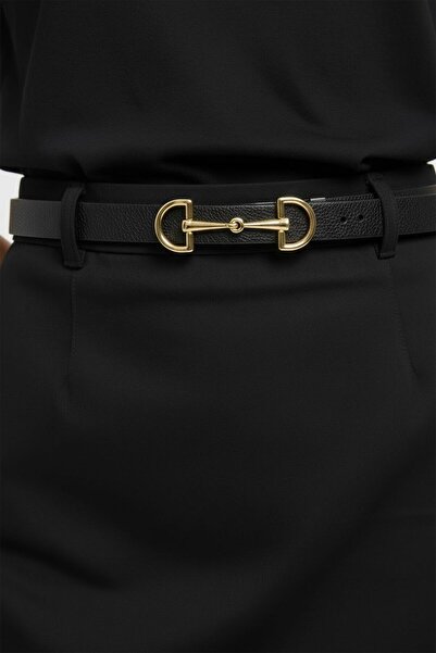 Kemerix Γυναικεία αμφίδρομη χρυσή αγκράφα Μαύρο-μαύρισμα λεπτή ζώνη