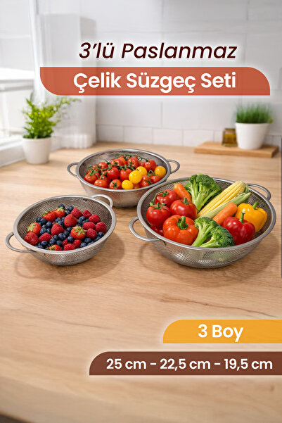 naturelove 3’lü Paslanmaz Çelik Kulplu Tel Süzgeç Seti - Çok Amaçlı Makarna M...