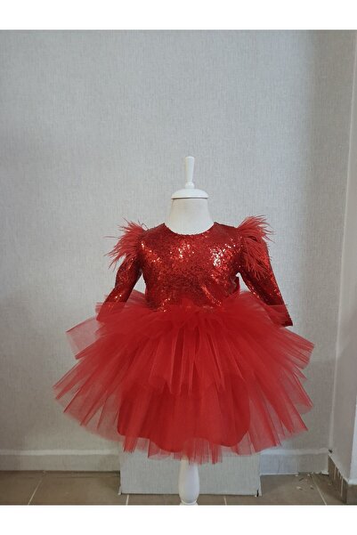 Kidstore فستان بناتي بتنورة وطبقات وأكمام طويلة وأكتاف من الريش