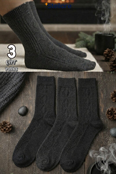 stellare 3 Çift Termal Erkek Lambswool Yün Çorap – Soğuk Havalar İçin Kalın K...