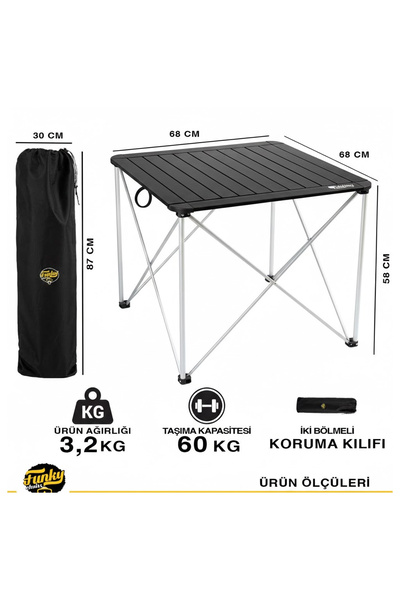 Funky Chairs Titanium Katlanabilir Çantalı Alüminyum Kamp ve Piknik Masası 68*68*58 - Siyah