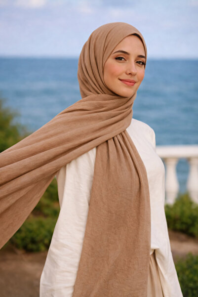 Jusmart Bambu Kraş Pamuklu Şal ◇ Bej ◇ Ütü Gerektirmeyen Kırışık Doku ◇ Kayma...