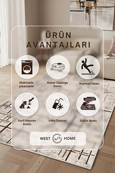 West Home Dijital Baskı Yıkanabilir Kaymaz Taban Salon Halısı Mutfak Halısı Yolluk