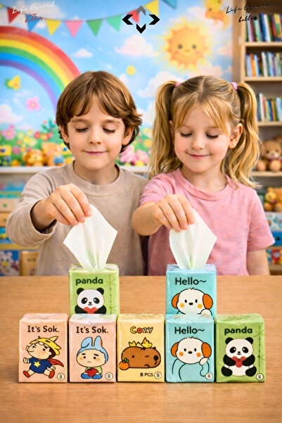 LİGROUND 1 Mini Paket 8 Yaprak Figürlü Çocuk Okul Taşınabilir Kağıt Mendil Pe...