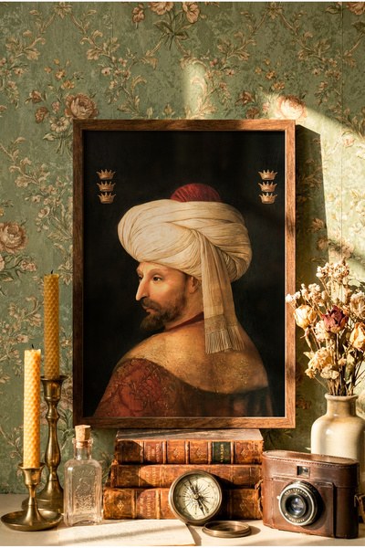 epiqart Fatih Sultan Mehmet Portresi - Ahşap Desenli Çerçeve
