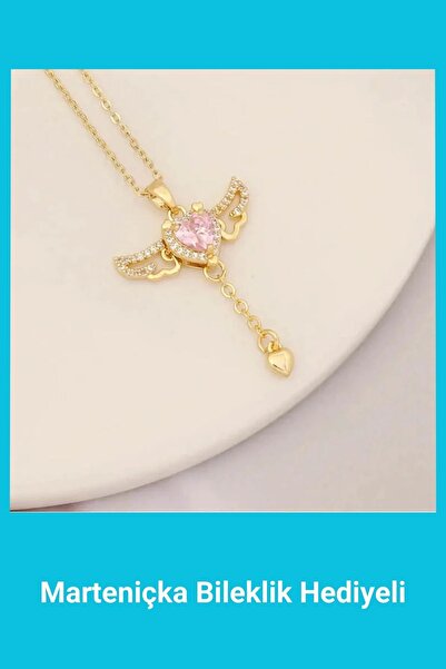SeyCey.co Pembe Zirkon Taşlı Melek Kanatlı Kalp Kolye | 14 Şubat Sevgililer G...