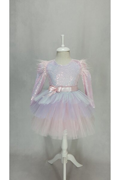 Kidstore Kız Çocuk Pembe Unicorn Renklerinde Uzun Kol Tütü Elbise