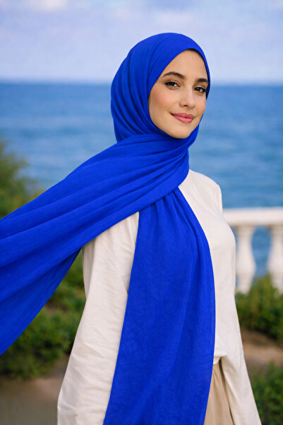 Jusmart Bambu Kraş Pamuklu Şal ◇ Saks Mavi ◇ Ütü Gerektirmeyen Kırışık Doku ◇...