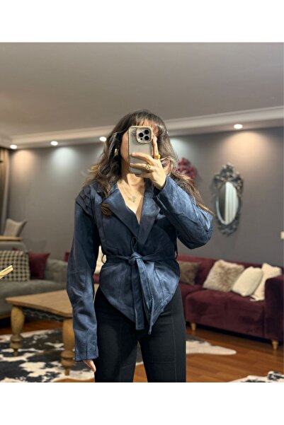 MODAGK Lined Navy Blue Belted Suede Coat/Jacket