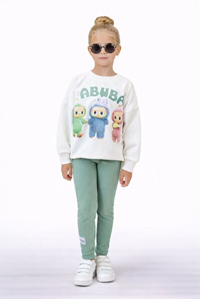 RAPAPA Set pentru fete cu imprimeu Ecru Swea tricou cu jambiere verzi - Set d...