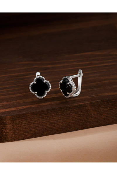 Roza Silver 925 Ayar Oniks Taşlı Rodyum Yonca Gümüş Küpe