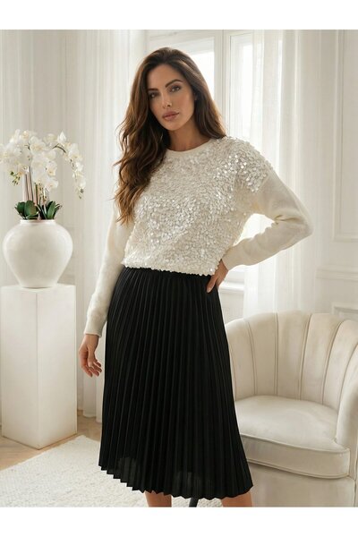 UniqueStore.ro Bluză bej cu paiete și mâneci lungi