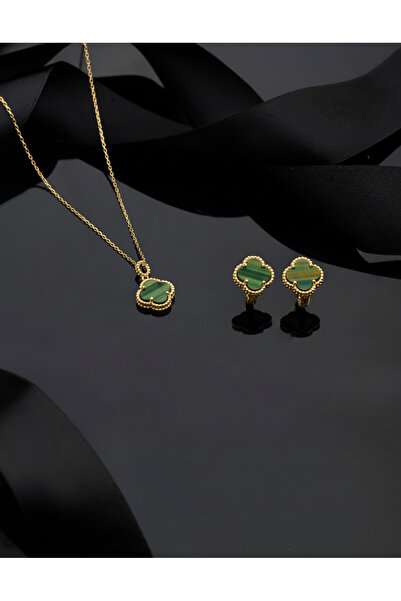 Roza Silver 925 Ayar Yeşil Kaplangözü Taşlı Gold Yonca Kolye Küpe 2'li Gümüş ...